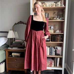 Christy Dawn | Square Neck Velvet Bodice Midi Dress in Burgundy and Black